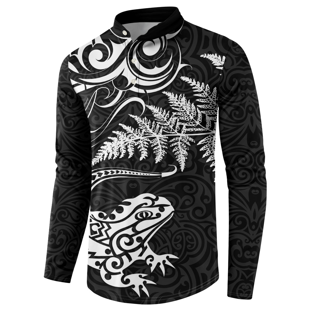 New Zealand Tuatara Tribal Tattoo Button Sweatshirt Silver Fern and Maori Pattern Black Color