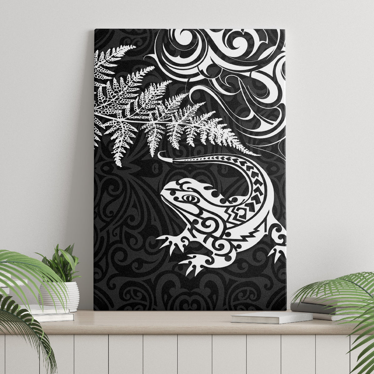 New Zealand Tuatara Tribal Tattoo Canvas Wall Art Silver Fern and Maori Pattern Black Color