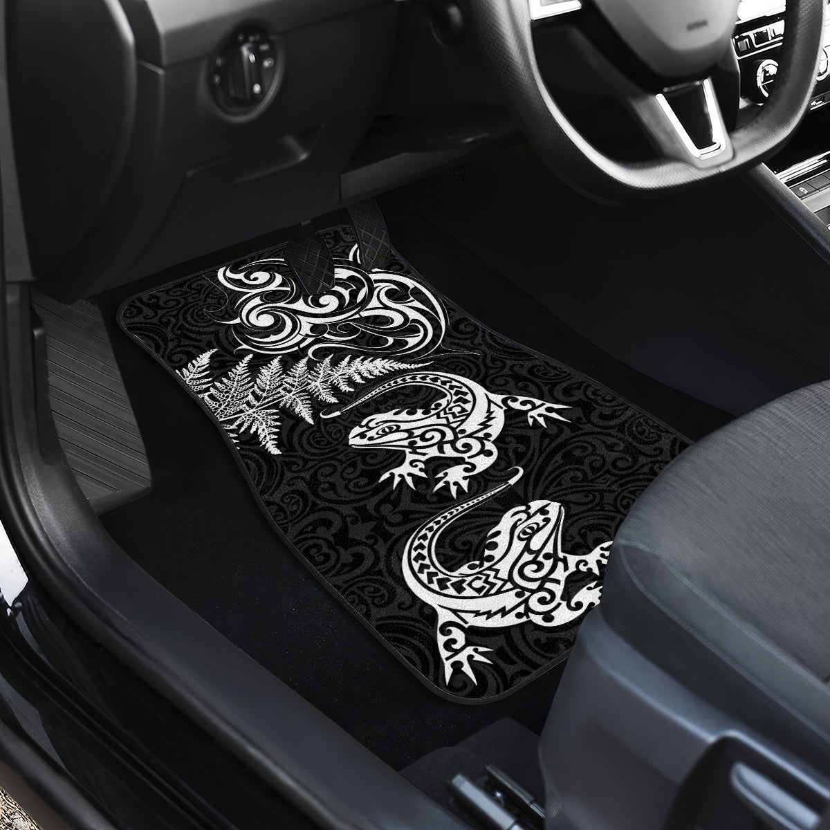New Zealand Tuatara Tribal Tattoo Car Mats Silver Fern and Maori Pattern Black Color