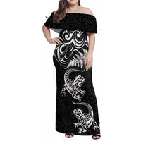 New Zealand Tuatara Tribal Tattoo Family Matching Off Shoulder Maxi Dress and Hawaiian Shirt Silver Fern and Maori Pattern Black Color