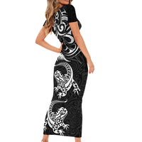 New Zealand Tuatara Tribal Tattoo Family Matching Short Sleeve Bodycon Dress and Hawaiian Shirt Silver Fern and Maori Pattern Black Color