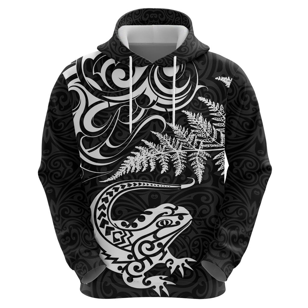New Zealand Tuatara Tribal Tattoo Hoodie Silver Fern and Maori Pattern Black Color