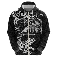New Zealand Tuatara Tribal Tattoo Hoodie Silver Fern and Maori Pattern Black Color