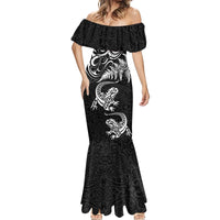 New Zealand Tuatara Tribal Tattoo Mermaid Dress Silver Fern and Maori Pattern Black Color
