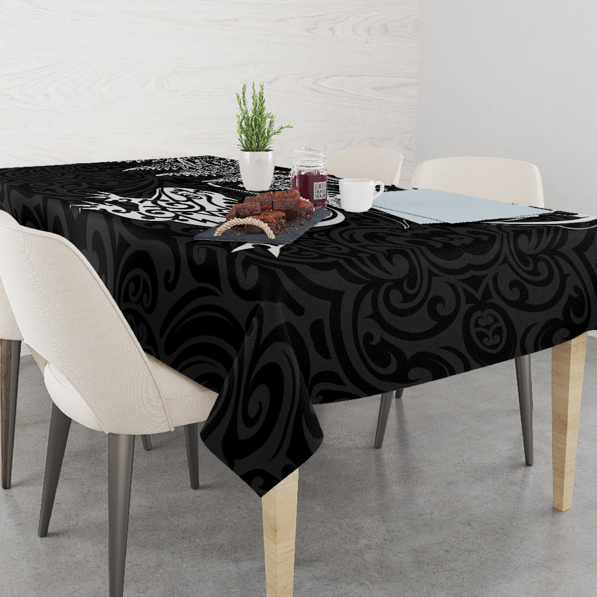 New Zealand Tuatara Tribal Tattoo Tablecloth Silver Fern and Maori Pattern Black Color
