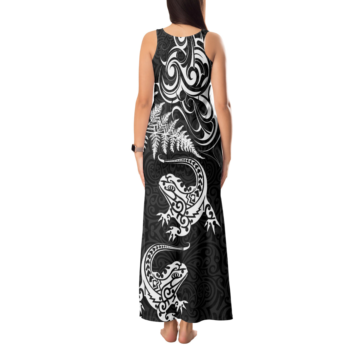 New Zealand Tuatara Tribal Tattoo Tank Maxi Dress Silver Fern and Maori Pattern Black Color