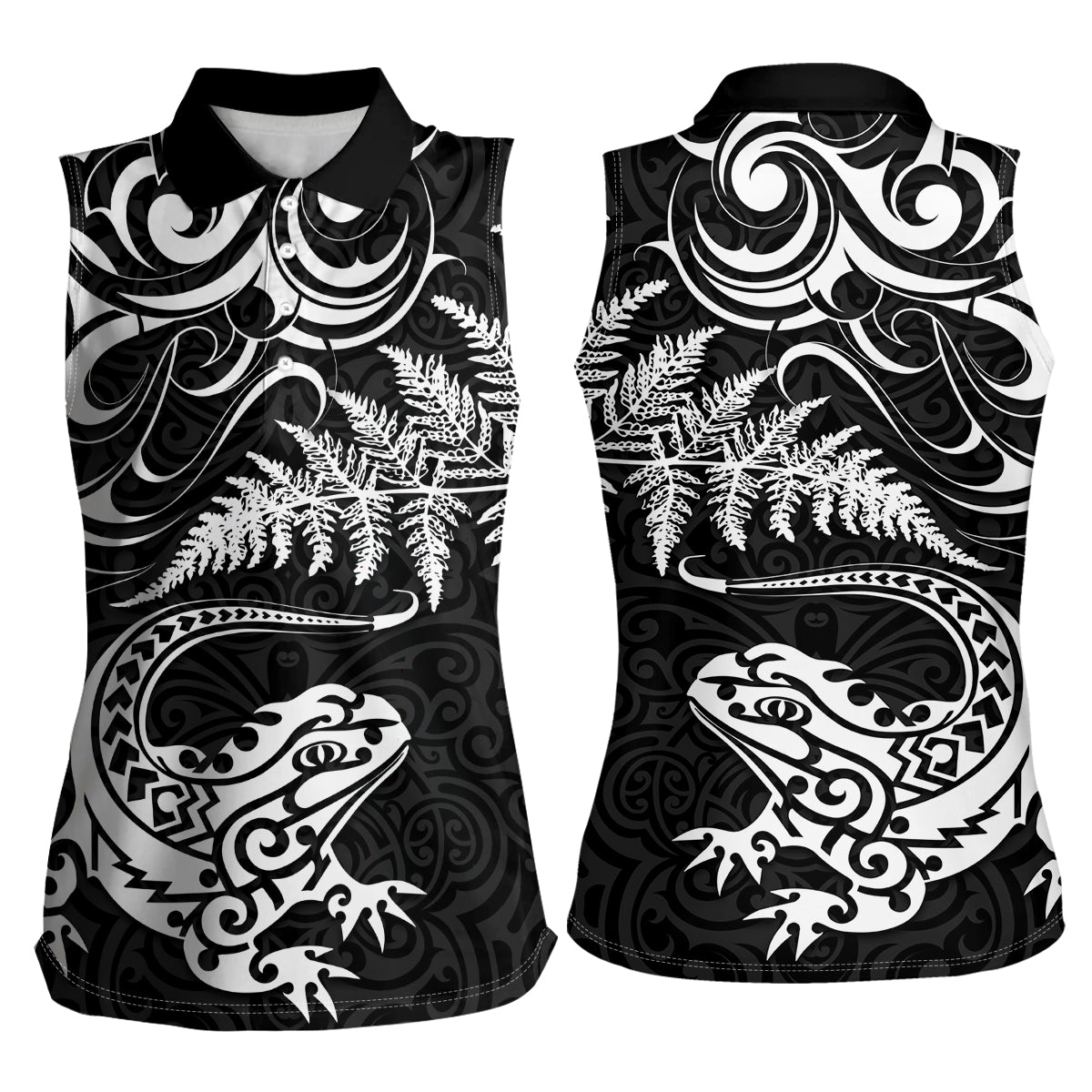 New Zealand Tuatara Tribal Tattoo Women Sleeveless Polo Shirt Silver Fern and Maori Pattern Black Color