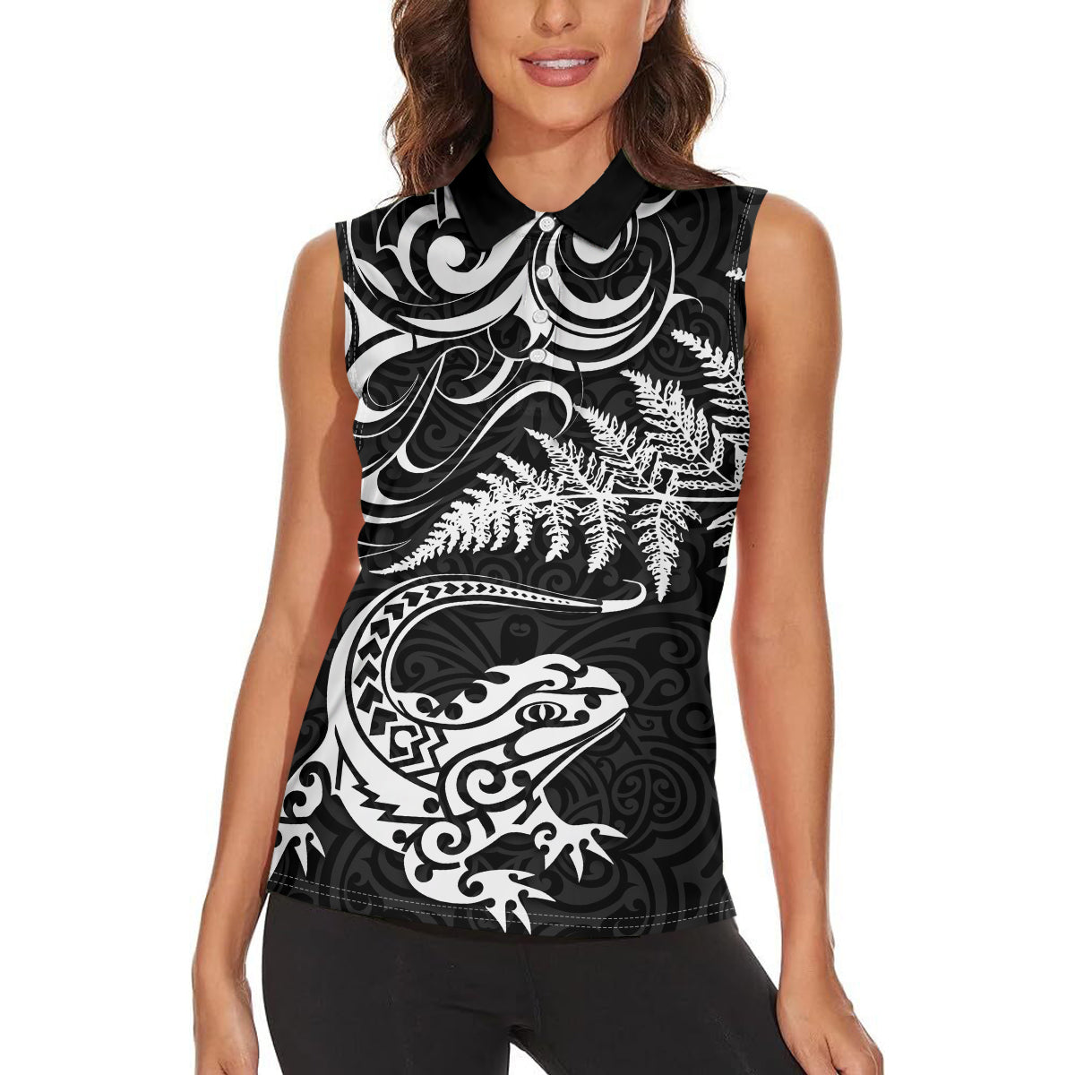 New Zealand Tuatara Tribal Tattoo Women Sleeveless Polo Shirt Silver Fern and Maori Pattern Black Color