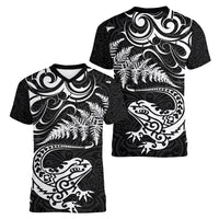 New Zealand Tuatara Tribal Tattoo Women V-Neck T-Shirt Silver Fern and Maori Pattern Black Color