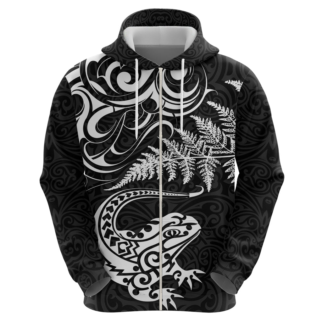 New Zealand Tuatara Tribal Tattoo Zip Hoodie Silver Fern and Maori Pattern Black Color