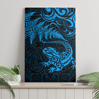 New Zealand Tuatara Tribal Tattoo Canvas Wall Art Silver Fern and Maori Pattern Blue Color