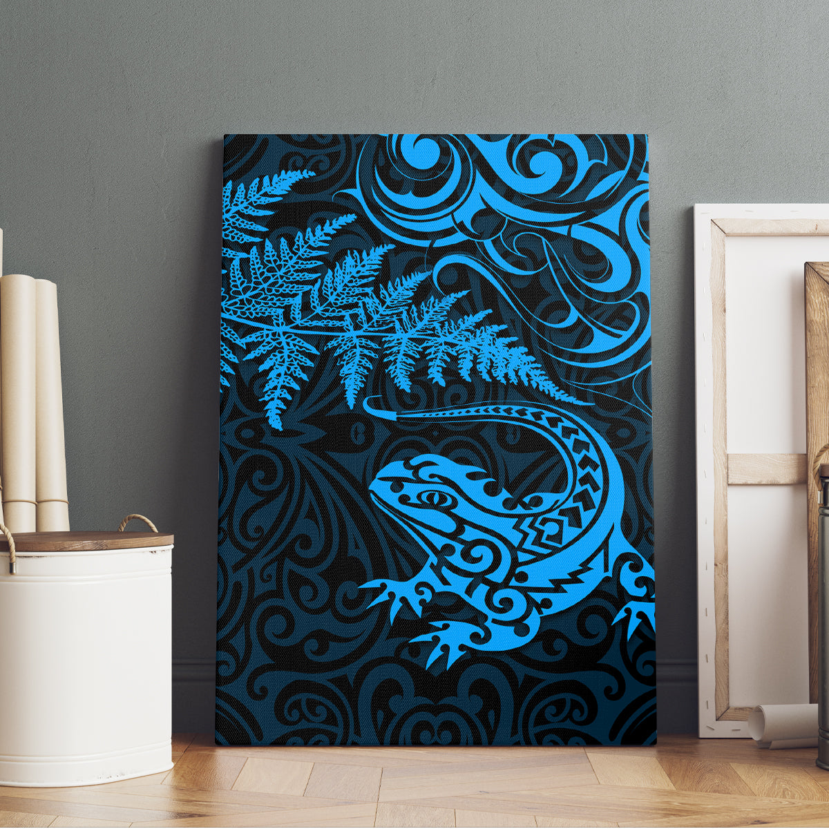 New Zealand Tuatara Tribal Tattoo Canvas Wall Art Silver Fern and Maori Pattern Blue Color