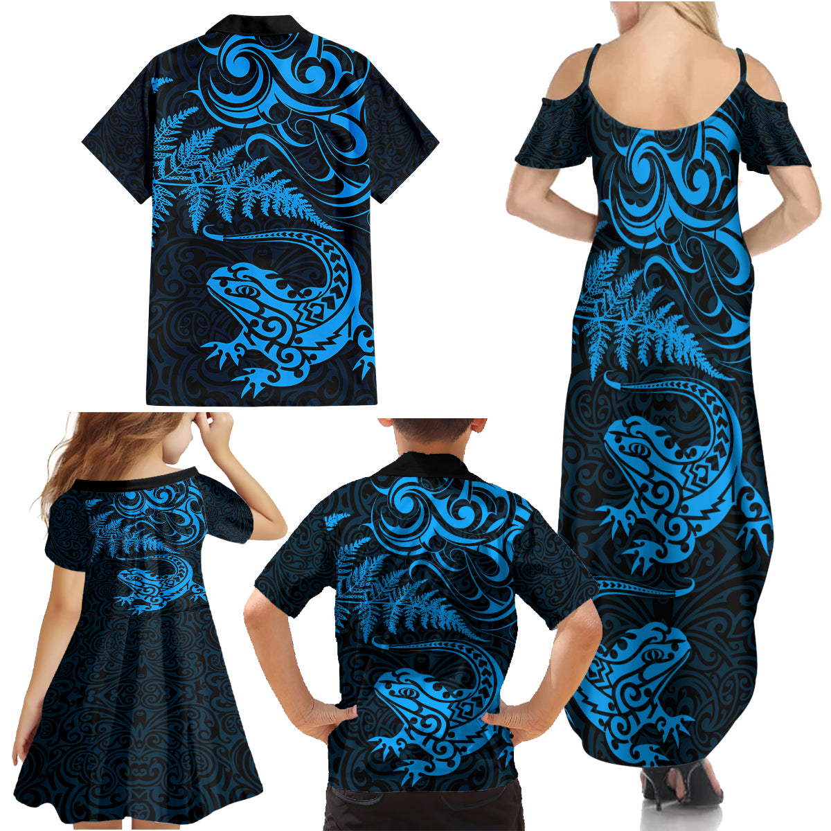 New Zealand Tuatara Tribal Tattoo Family Matching Summer Maxi Dress and Hawaiian Shirt Silver Fern and Maori Pattern Blue Color