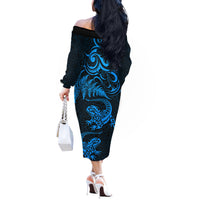 New Zealand Tuatara Tribal Tattoo Off The Shoulder Long Sleeve Dress Silver Fern and Maori Pattern Blue Color