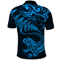 New Zealand Tuatara Tribal Tattoo Polo Shirt Silver Fern and Maori Pattern Blue Color