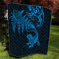 New Zealand Tuatara Tribal Tattoo Quilt Silver Fern and Maori Pattern Blue Color