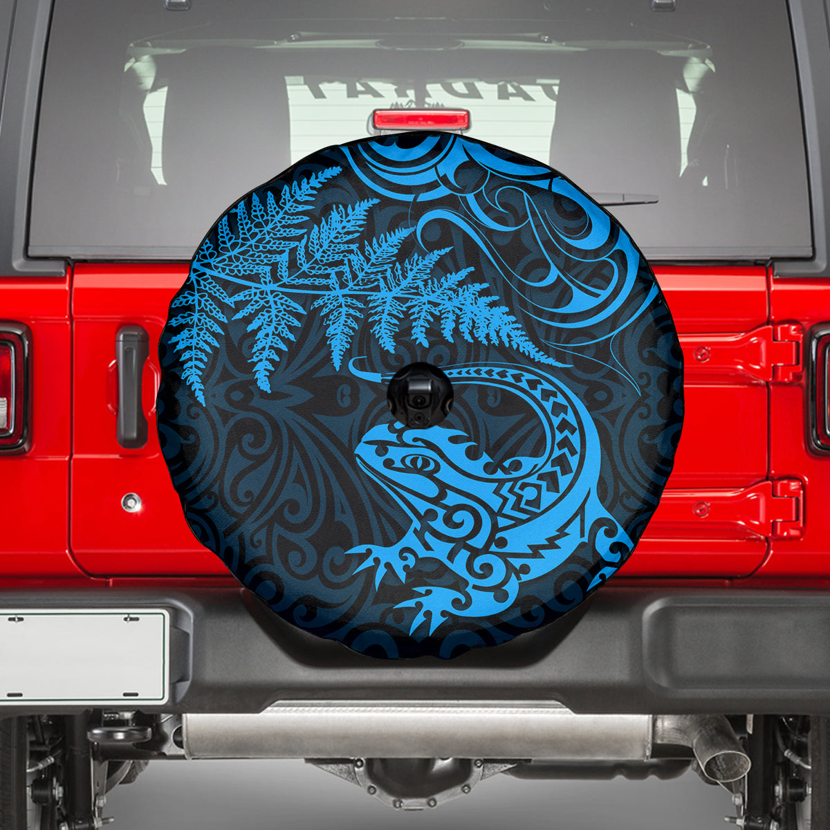 New Zealand Tuatara Tribal Tattoo Spare Tire Cover Silver Fern and Maori Pattern Blue Color