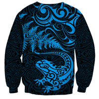 New Zealand Tuatara Tribal Tattoo Sweatshirt Silver Fern and Maori Pattern Blue Color