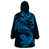 New Zealand Tuatara Tribal Tattoo Wearable Blanket Hoodie Silver Fern and Maori Pattern Blue Color