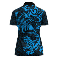New Zealand Tuatara Tribal Tattoo Women Polo Shirt Silver Fern and Maori Pattern Blue Color