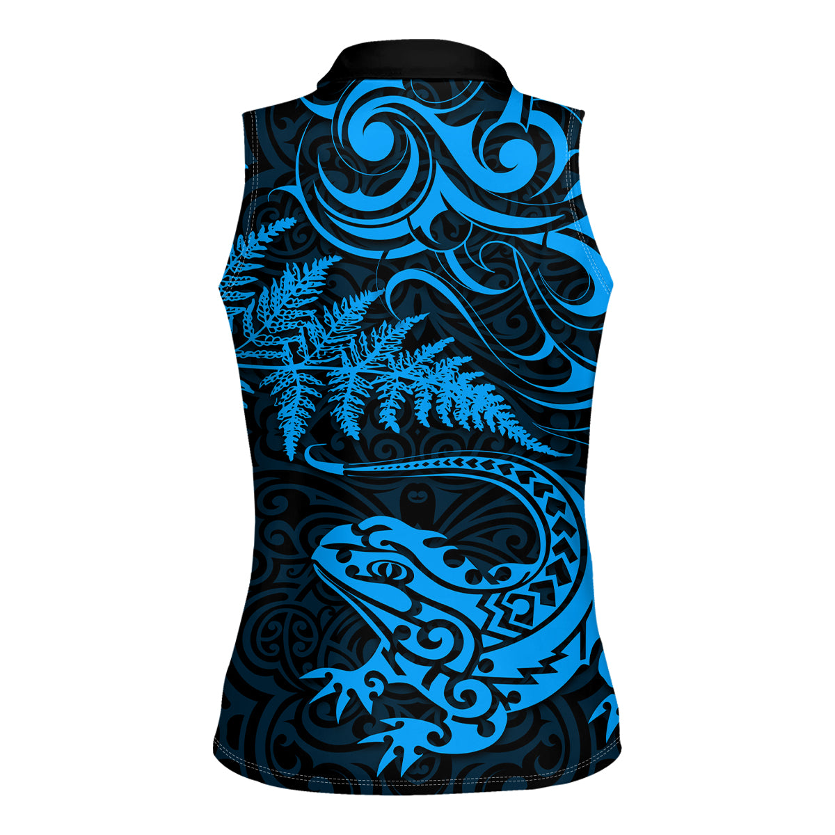 New Zealand Tuatara Tribal Tattoo Women Sleeveless Polo Shirt Silver Fern and Maori Pattern Blue Color