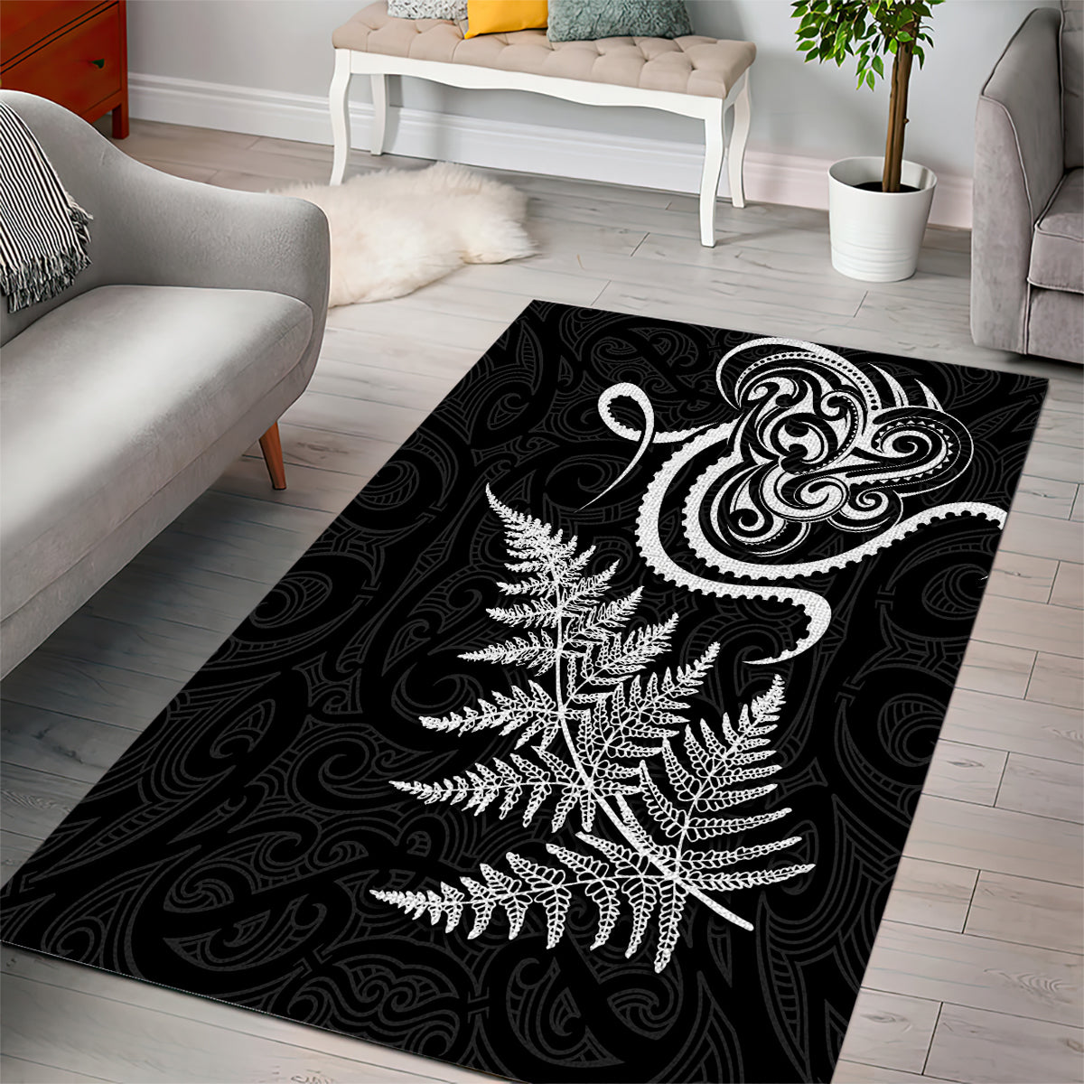 New Zealand Octopus Tattoo and Fern Area Rug Maori Pattern LT03 - Polynesian Pride