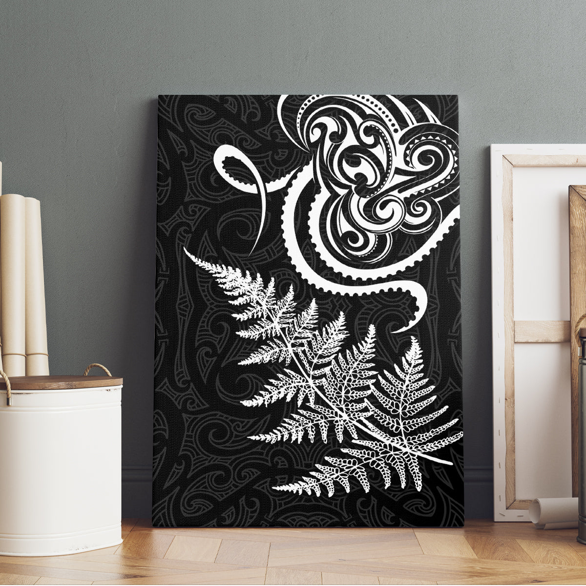 New Zealand Octopus Tattoo and Fern Canvas Wall Art Maori Pattern