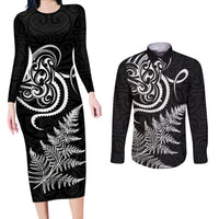 New Zealand Octopus Tattoo and Fern Couples Matching Long Sleeve Bodycon Dress and Long Sleeve Button Shirt Maori Pattern