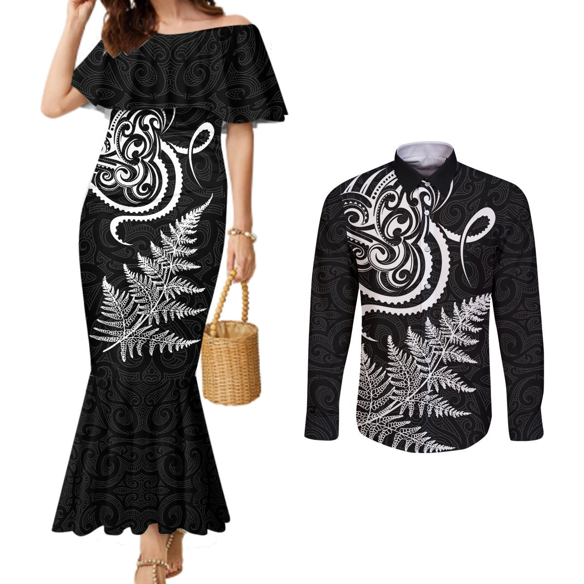 New Zealand Octopus Tattoo and Fern Couples Matching Mermaid Dress and Long Sleeve Button Shirt Maori Pattern