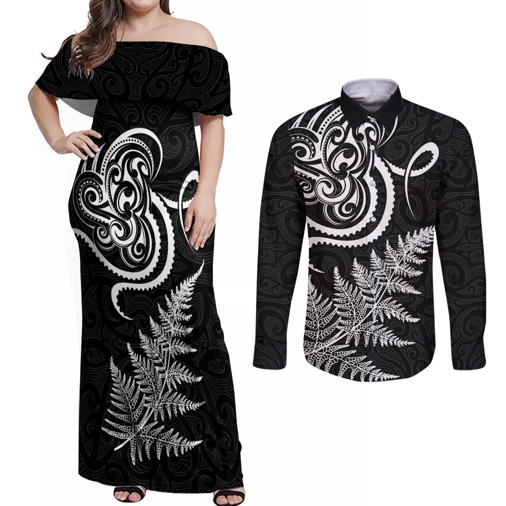 New Zealand Octopus Tattoo and Fern Couples Matching Off Shoulder Maxi Dress and Long Sleeve Button Shirt Maori Pattern