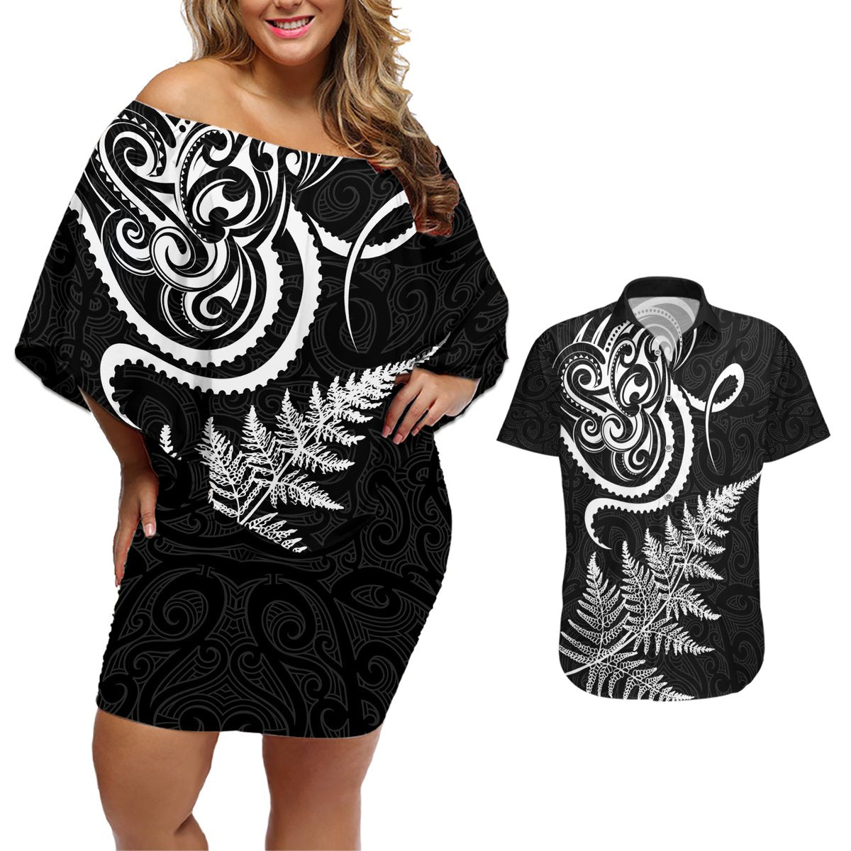 New Zealand Octopus Tattoo and Fern Couples Matching Off Shoulder Short Dress and Hawaiian Shirt Maori Pattern