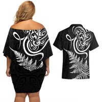 New Zealand Octopus Tattoo and Fern Couples Matching Off Shoulder Short Dress and Hawaiian Shirt Maori Pattern