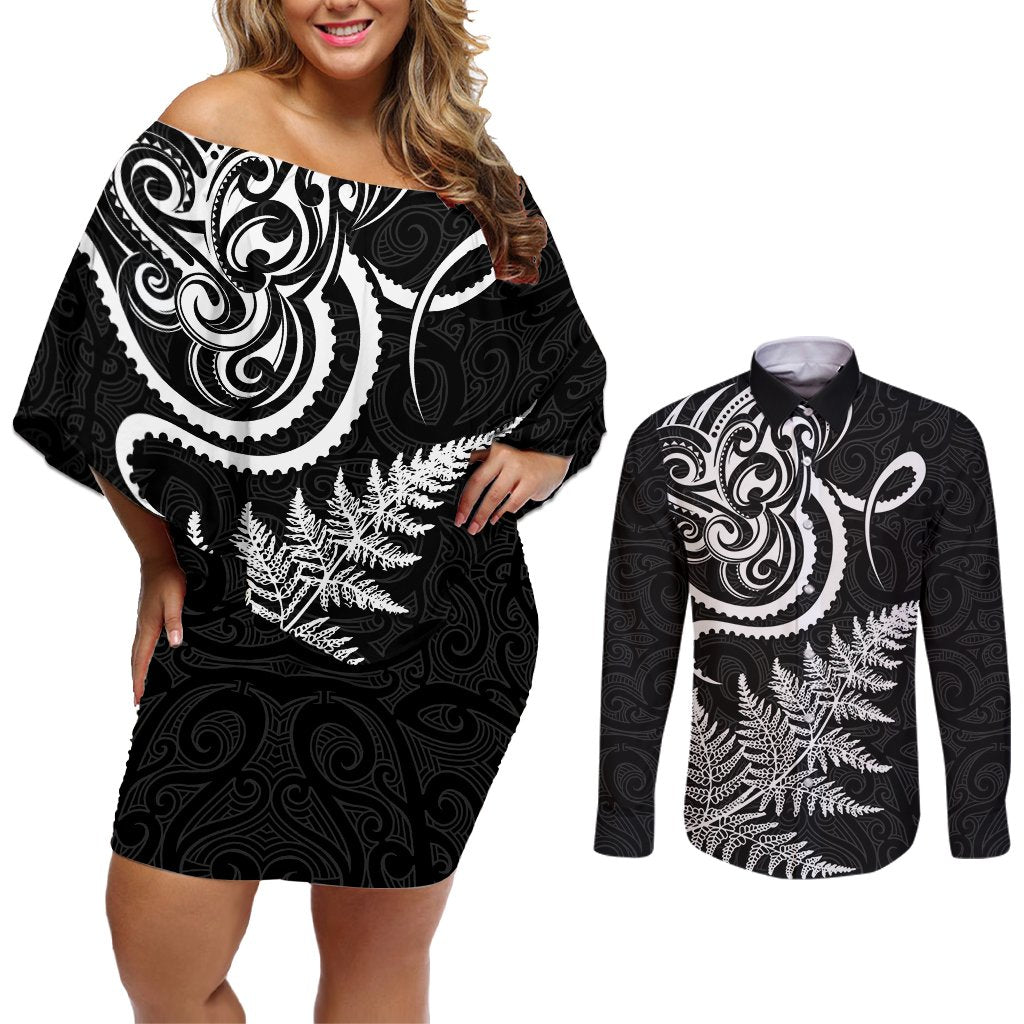 New Zealand Octopus Tattoo and Fern Couples Matching Off Shoulder Short Dress and Long Sleeve Button Shirt Maori Pattern