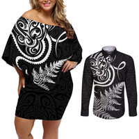 New Zealand Octopus Tattoo and Fern Couples Matching Off Shoulder Short Dress and Long Sleeve Button Shirt Maori Pattern