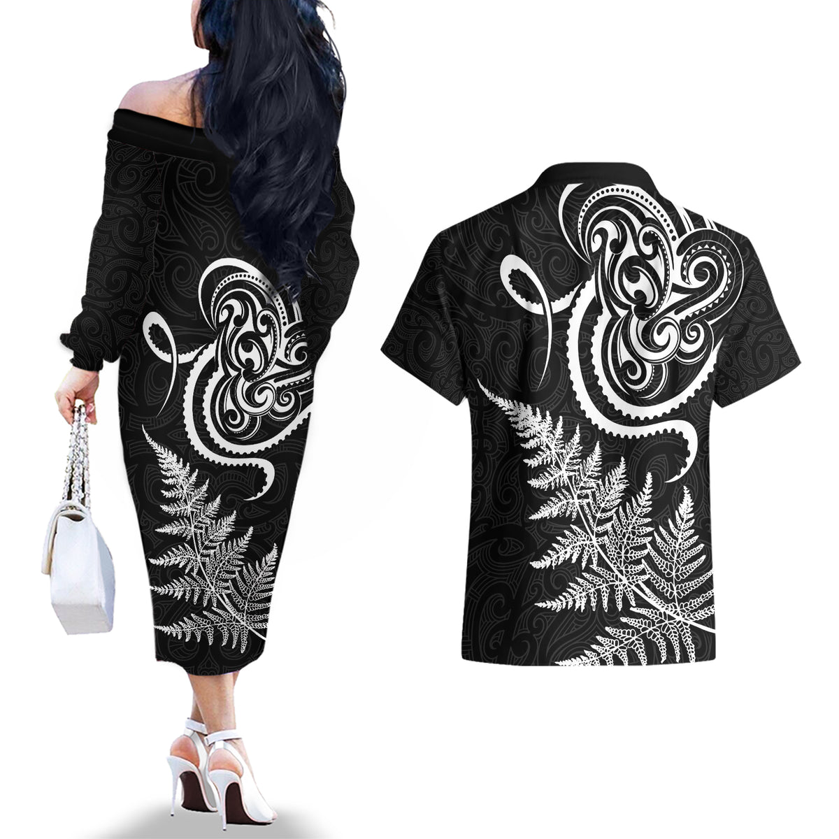 New Zealand Octopus Tattoo and Fern Couples Matching Off The Shoulder Long Sleeve Dress and Hawaiian Shirt Maori Pattern