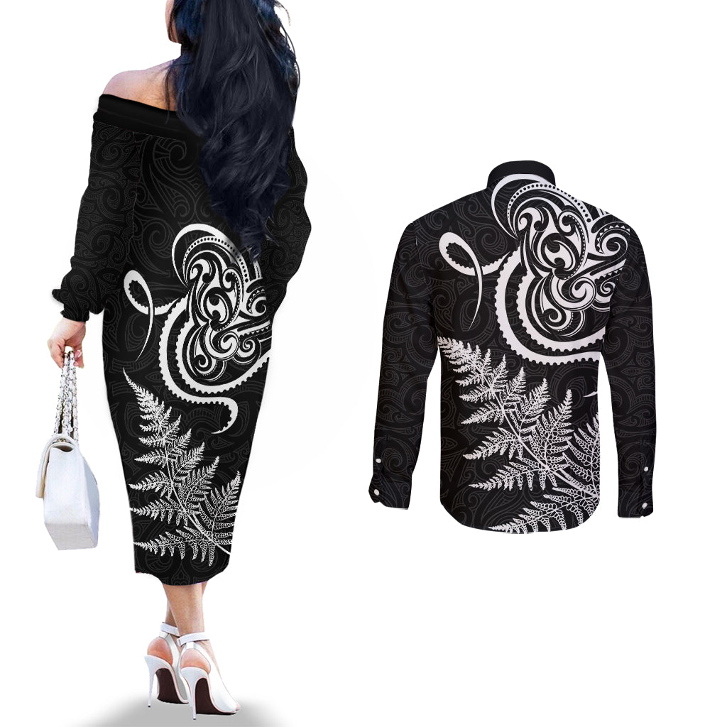 New Zealand Octopus Tattoo and Fern Couples Matching Off The Shoulder Long Sleeve Dress and Long Sleeve Button Shirt Maori Pattern