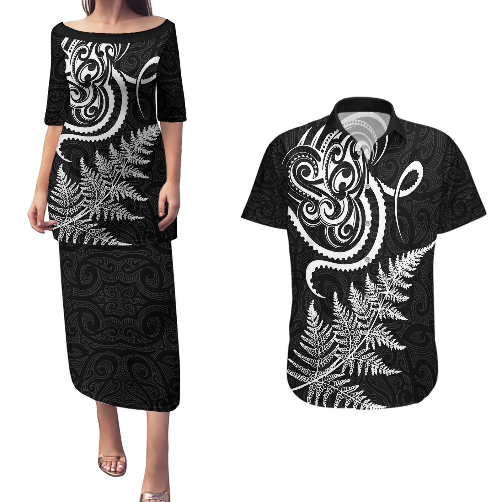 New Zealand Octopus Tattoo and Fern Couples Matching Puletasi and Hawaiian Shirt Maori Pattern