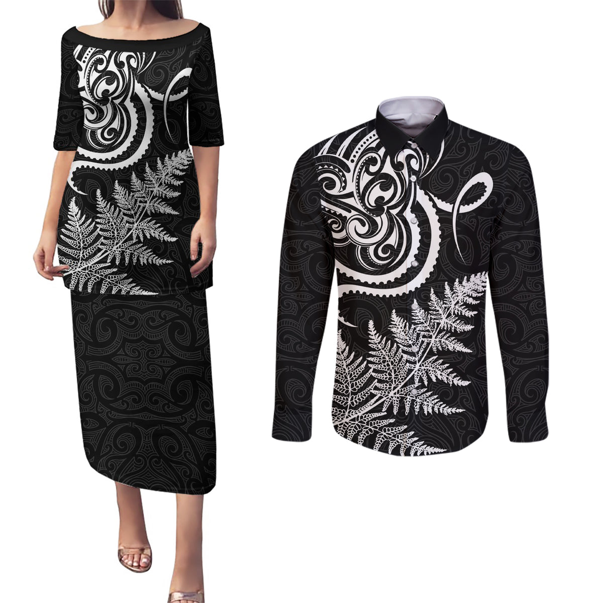 New Zealand Octopus Tattoo and Fern Couples Matching Puletasi and Long Sleeve Button Shirt Maori Pattern