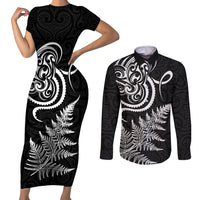 New Zealand Octopus Tattoo and Fern Couples Matching Short Sleeve Bodycon Dress and Long Sleeve Button Shirt Maori Pattern