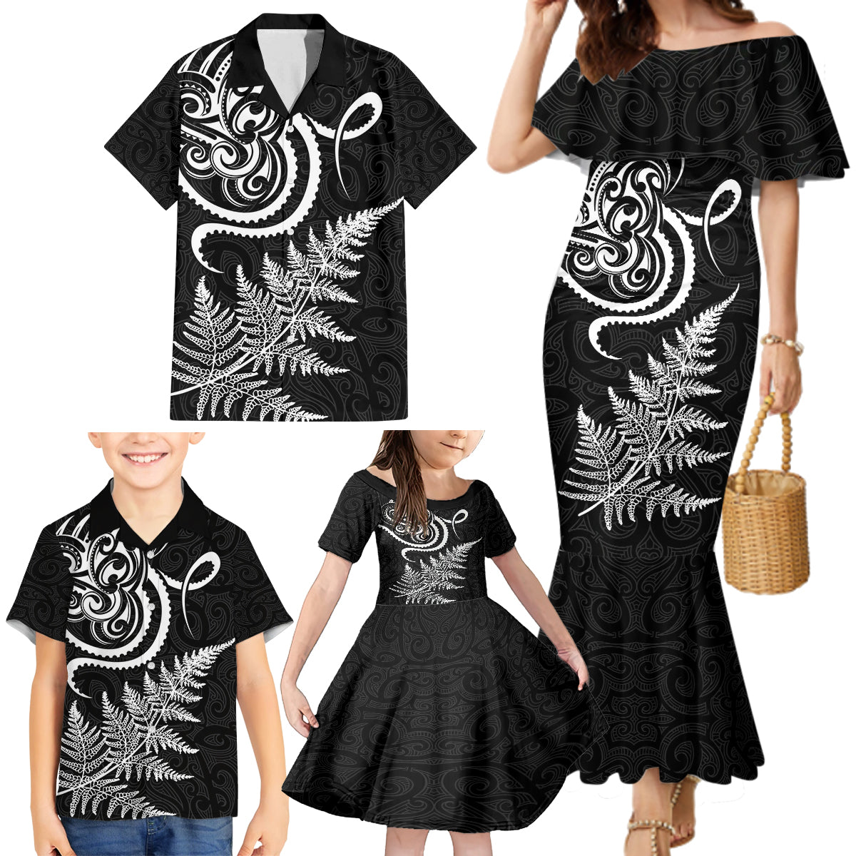 New Zealand Octopus Tattoo and Fern Family Matching Mermaid Dress and Hawaiian Shirt Maori Pattern