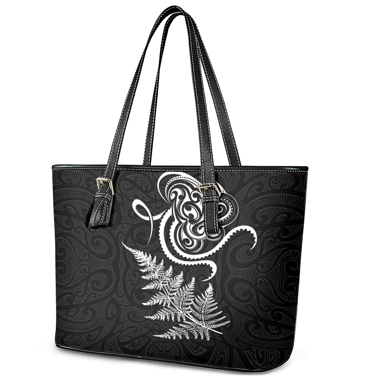 New Zealand Octopus Tattoo and Fern Leather Tote Bag Maori Pattern