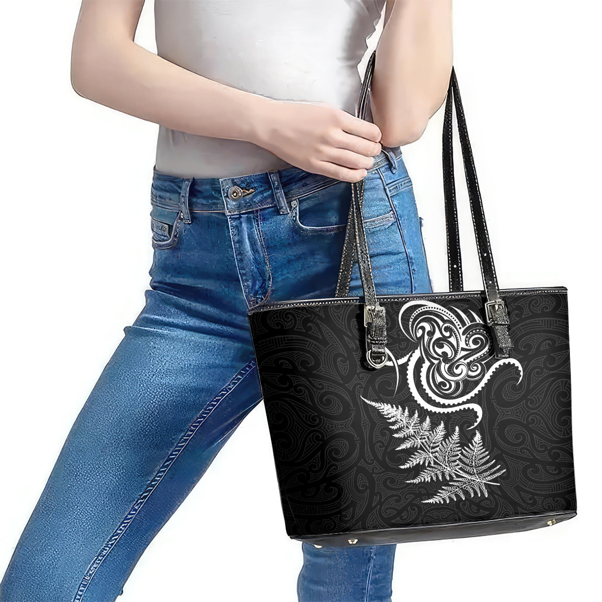 New Zealand Octopus Tattoo and Fern Leather Tote Bag Maori Pattern