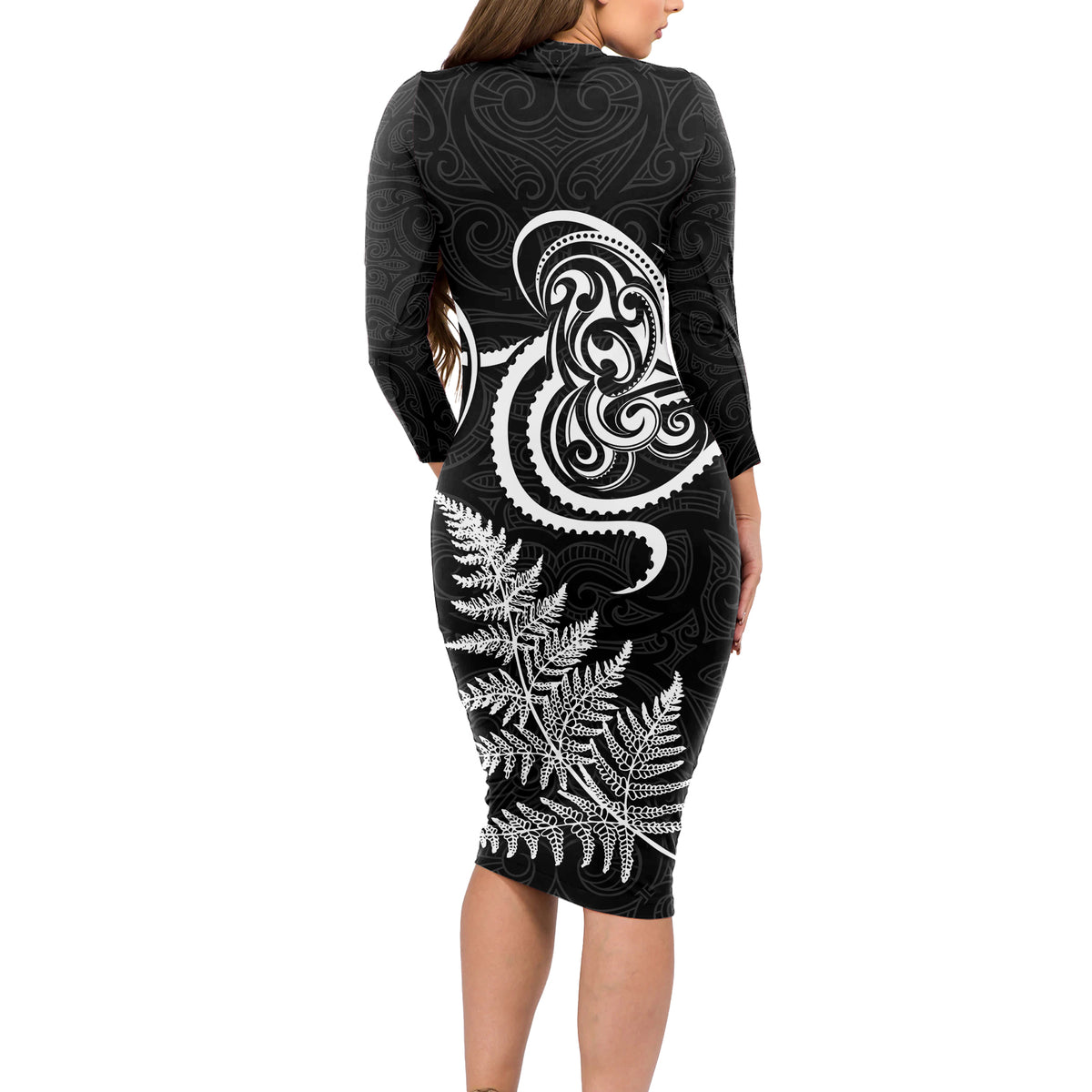 New Zealand Octopus Tattoo and Fern Long Sleeve Bodycon Dress Maori Pattern
