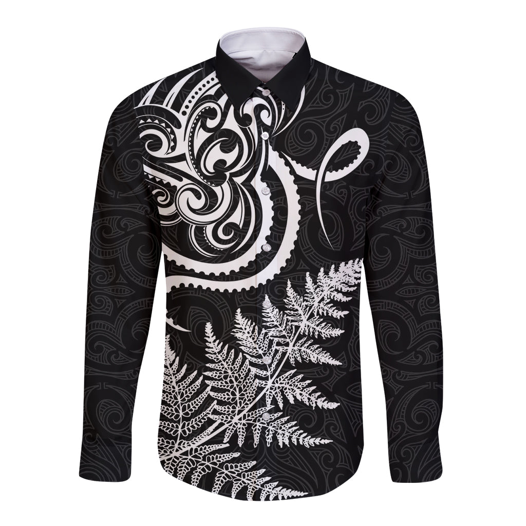 New Zealand Octopus Tattoo and Fern Long Sleeve Button Shirt Maori Pattern LT03 Unisex Black - Polynesian Pride