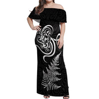 New Zealand Octopus Tattoo and Fern Off Shoulder Maxi Dress Maori Pattern LT03 Women Black - Polynesian Pride