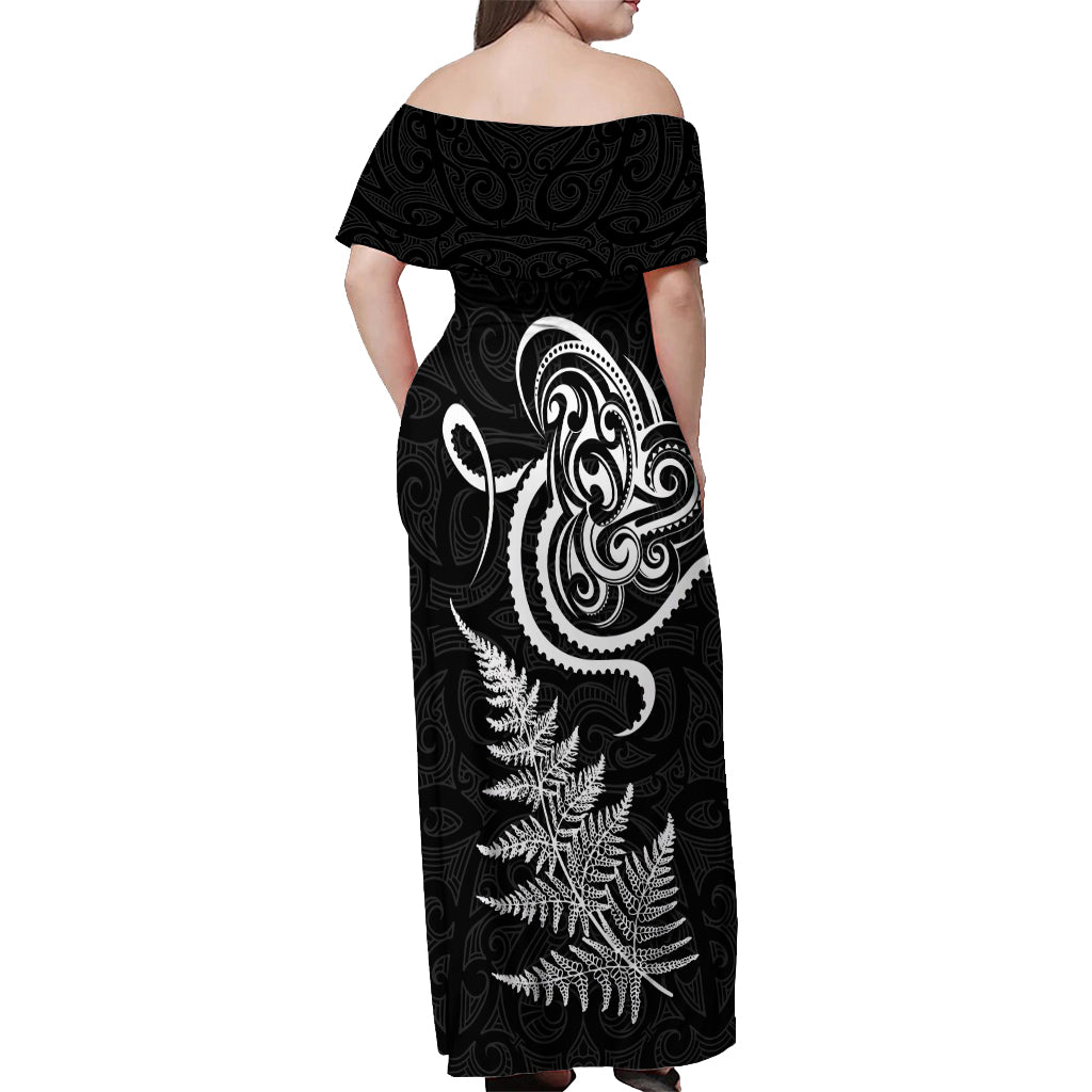 New Zealand Octopus Tattoo and Fern Off Shoulder Maxi Dress Maori Pattern LT03 - Polynesian Pride
