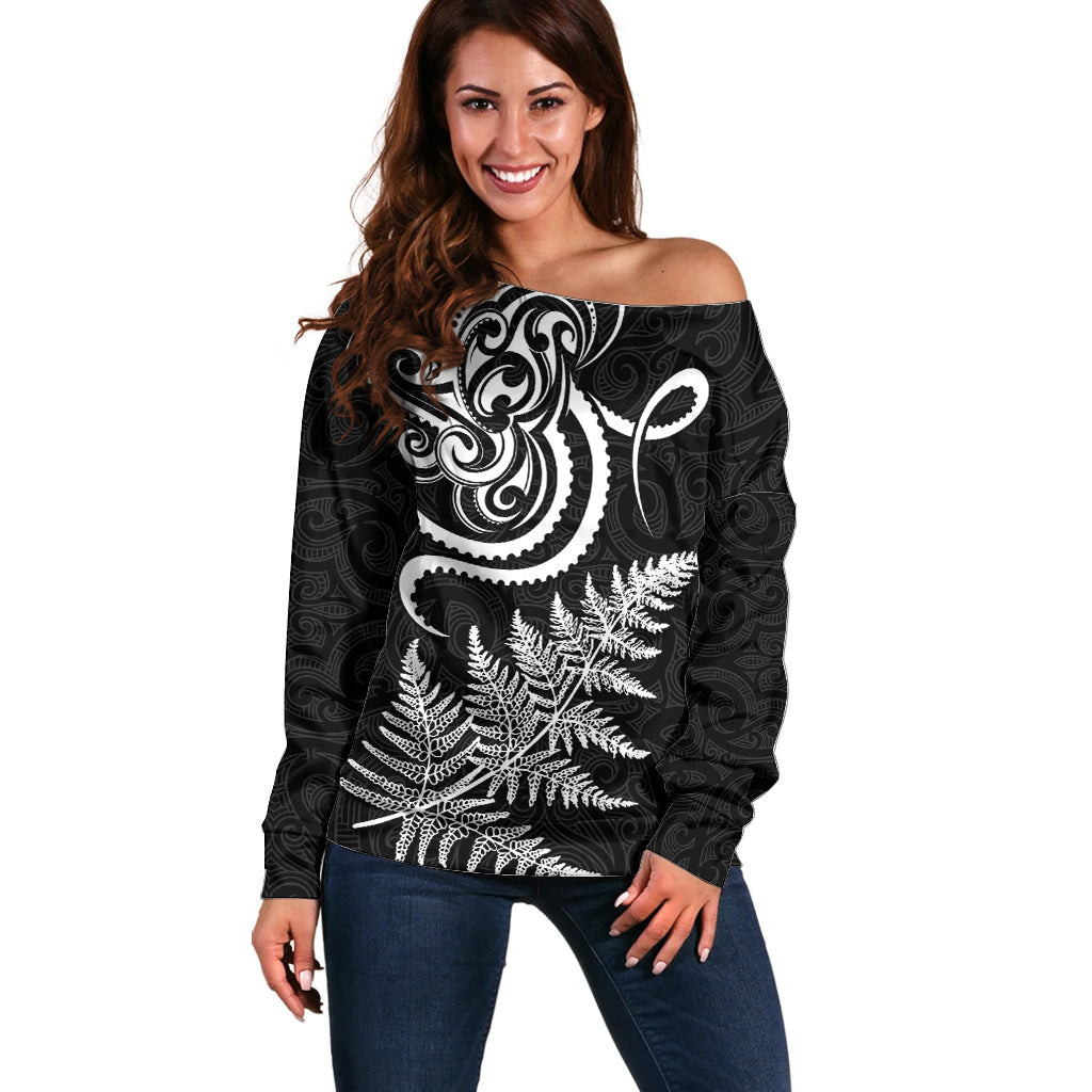 New Zealand Octopus Tattoo and Fern Off Shoulder Sweater Maori Pattern LT03 Women Black - Polynesian Pride