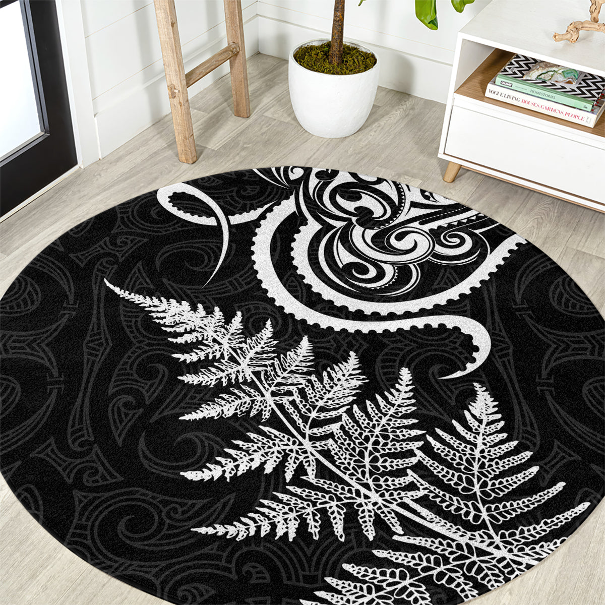 New Zealand Octopus Tattoo and Fern Round Carpet Maori Pattern LT03 Black - Polynesian Pride
