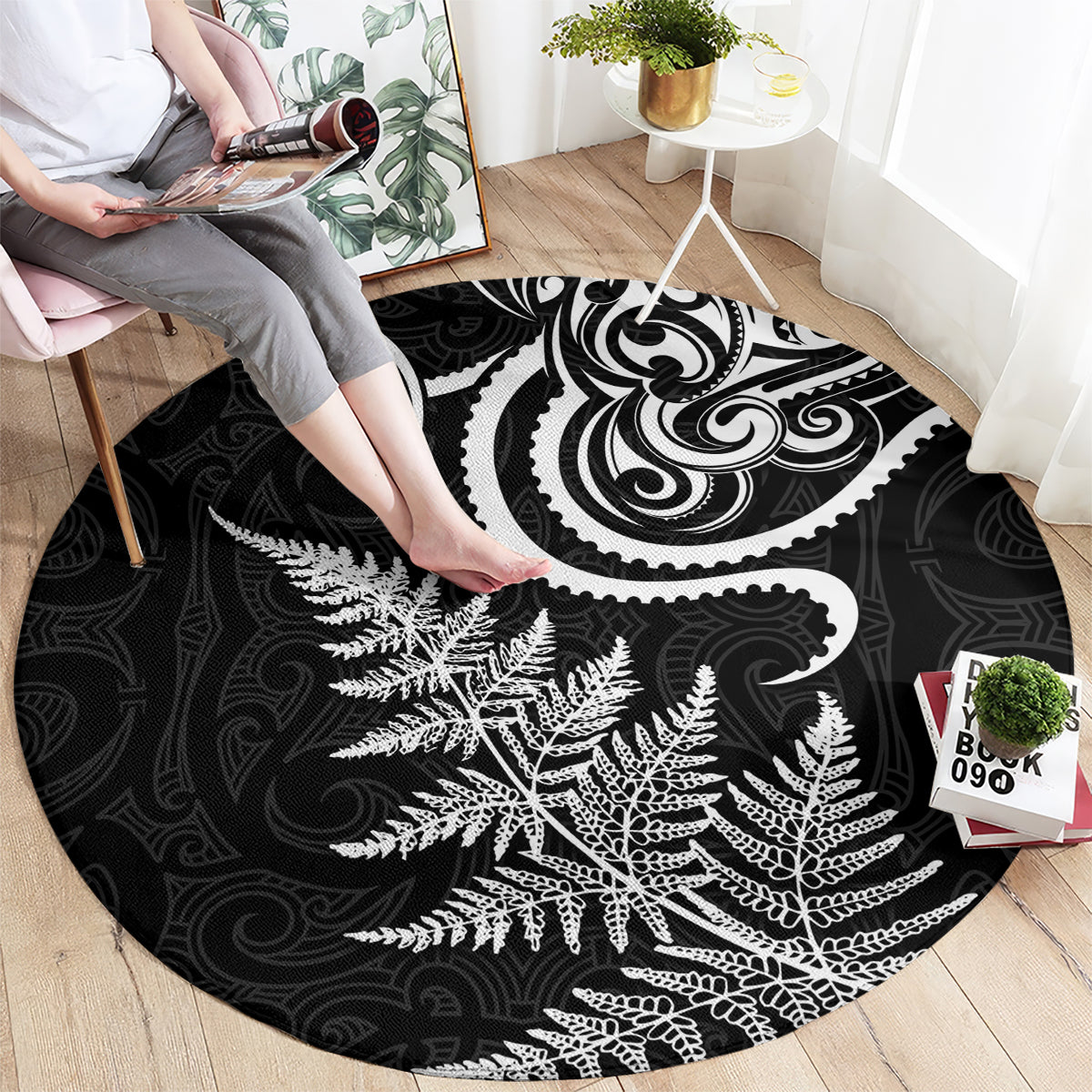New Zealand Octopus Tattoo and Fern Round Carpet Maori Pattern LT03 - Polynesian Pride