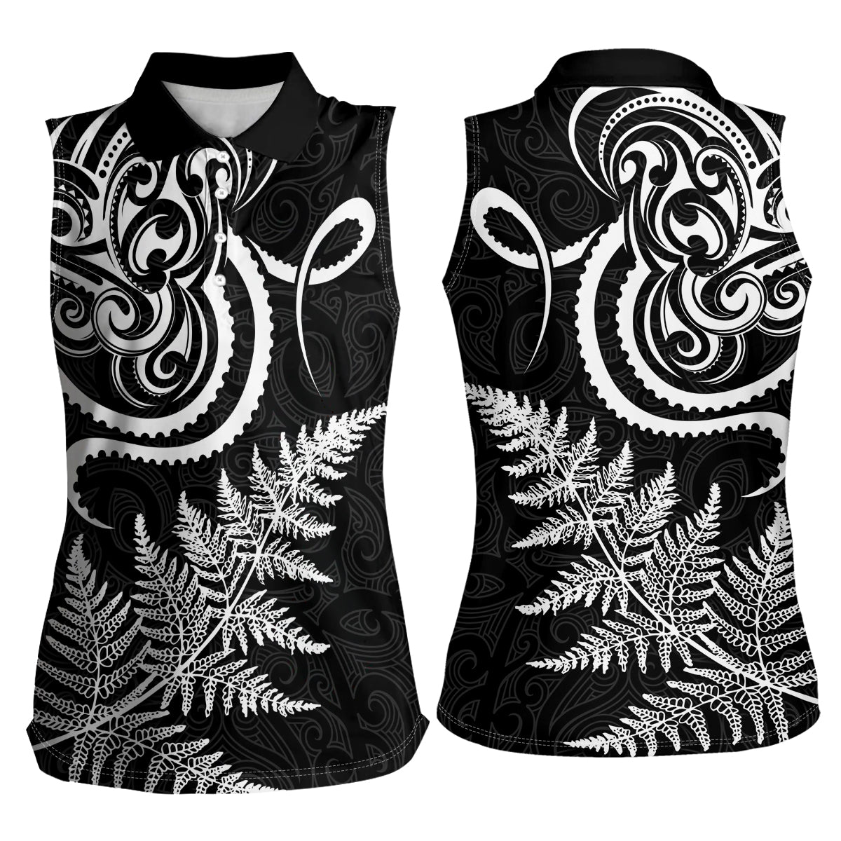 New Zealand Octopus Tattoo and Fern Women Sleeveless Polo Shirt Maori Pattern